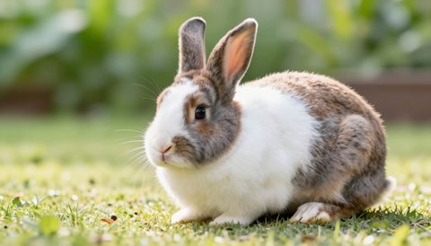 Spotted rabbit in a spacious enclosure, morning light