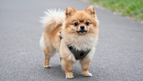 Pomeranian out for a walk in a harness