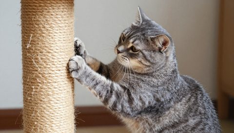 Grey tabby cat using a scratching post