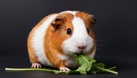 Guinea pig eating fresh greens, dark background