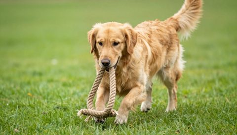 Golden retriever playing with a rope toy