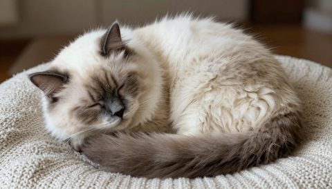 Ragdoll cat curled up asleep