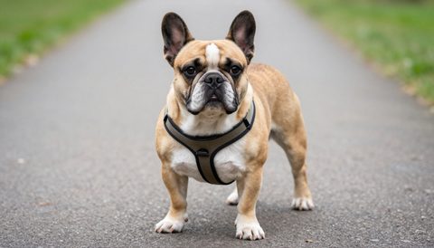 French bulldog out for a walk in a harness