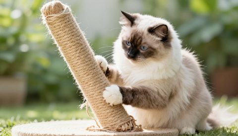 Ragdoll cat using a scratching post, morning light