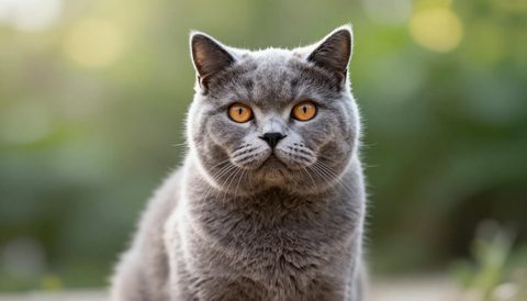 Mèo Anh lông ngắn ngồi nhìn thẳng, nắng sớm