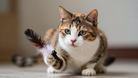 Calico cat playing with a feather toy