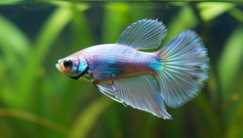 Betta fish in a planted aquarium, morning light
