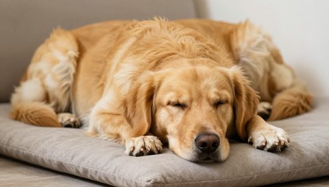 Chó golden retriever ngủ trên nệm