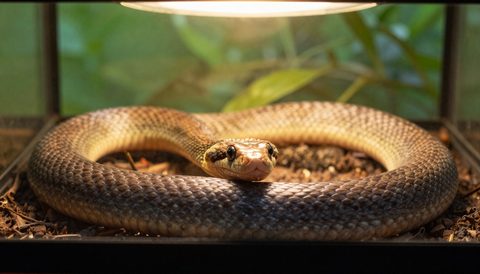 Corn snake basking under a lamp, morning light