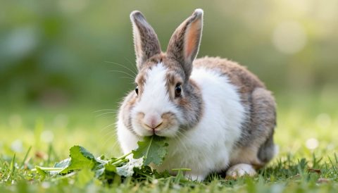 Spotted rabbit eating fresh greens, morning light
