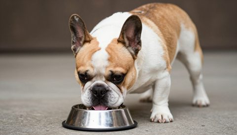 Chó bulldog Pháp ăn trong bát