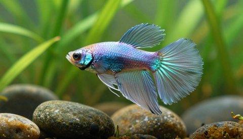 Betta fish among aquatic plants, morning light