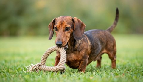 Dachshund playing with a rope toy, morning light