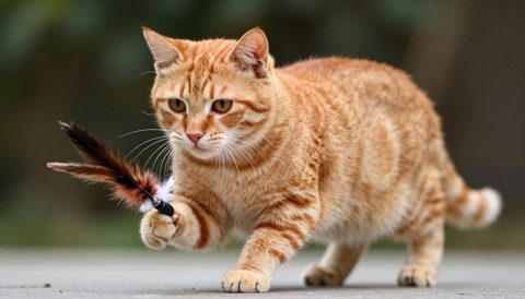 Orange tabby cat playing with a feather toy