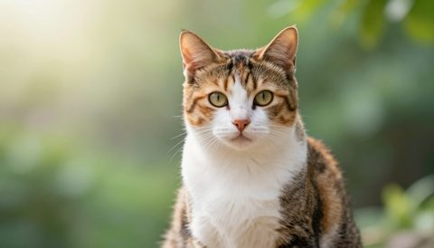 Calico cat sitting, looking at the camera, morning light