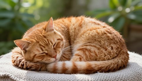 Orange tabby cat curled up asleep, morning light