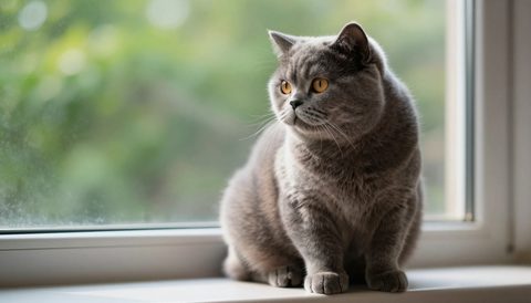 British shorthair sitting by the window, morning light
