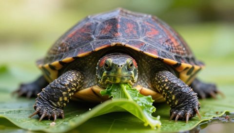 Red-eared slider eating, morning light