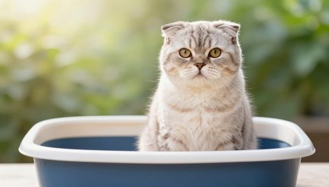 Scottish fold next to a litter box, morning light