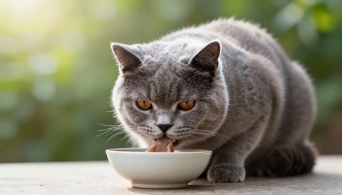 Mèo Anh lông ngắn ăn trong bát, nắng sớm