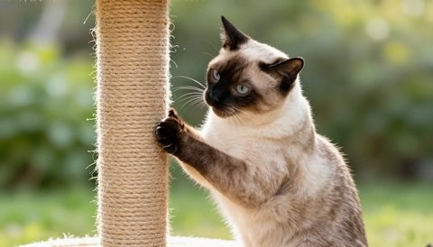 Mèo Xiêm cào trụ cào móng, nắng sớm