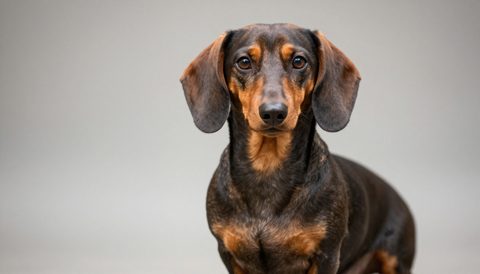 Dachshund sitting, looking at the camera