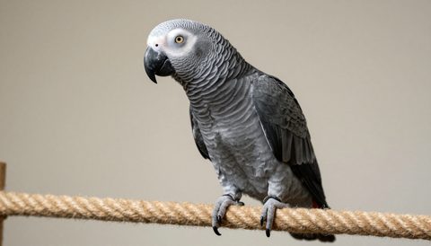 African grey parrot playing on a rope perch