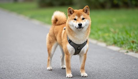 Shiba inu out for a walk in a harness