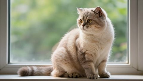 Scottish fold sitting by the window, morning light