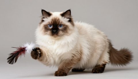 Mèo ragdoll vờn đồ chơi lông vũ