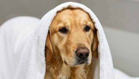 Chó golden retriever quấn khăn sau khi tắm