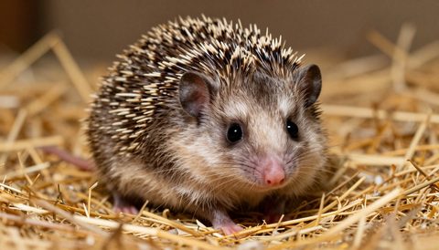 Pygmy hedgehog resting on hay