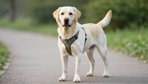 Labrador retriever out for a walk in a harness, morning light