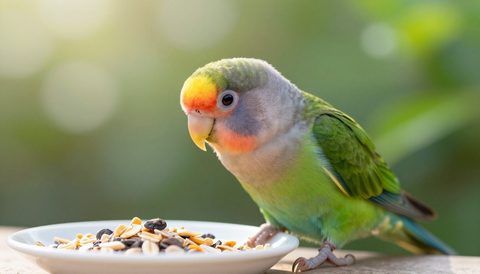 Lovebird eating seeds, morning light
