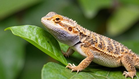 Bearded dragon eating, morning light