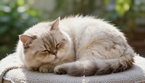 Persian cat curled up asleep, morning light