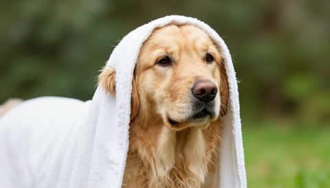 Golden retriever in a towel after a bath, morning light