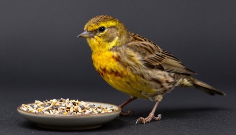 Canary eating seeds, dark background