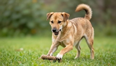 Mixed-breed dog playing with a rope toy, morning light