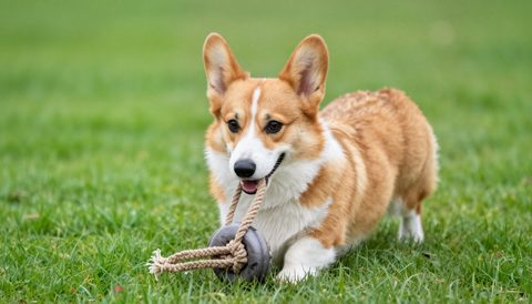 Corgi playing with a rope toy