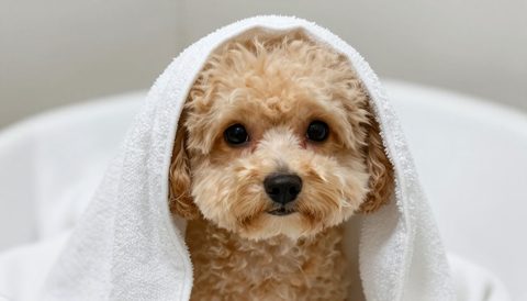 Chó poodle quấn khăn sau khi tắm