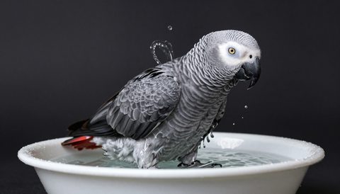 African grey parrot bathing, dark background