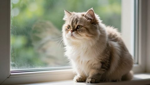 Mèo Ba Tư ngồi bên cửa sổ, nắng sớm
