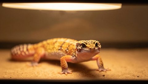 Leopard gecko basking under a lamp, golden hour