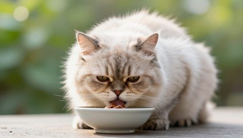 Mèo Ba Tư ăn trong bát, nắng sớm