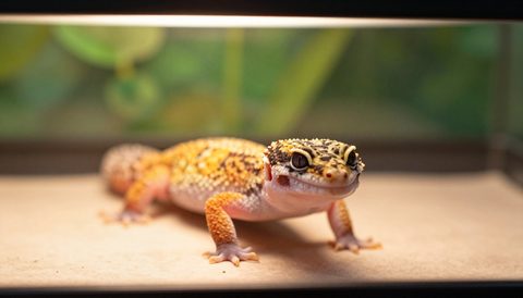 Leopard gecko basking under a lamp, morning light