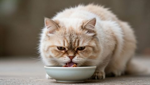 Persian cat eating from a bowl