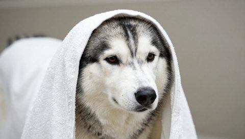 Chó husky quấn khăn sau khi tắm