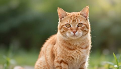 Orange tabby cat sitting, looking at the camera, morning light