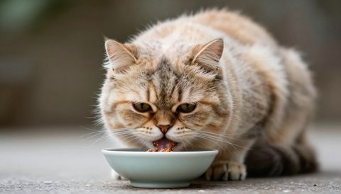Persian cat eating from a bowl